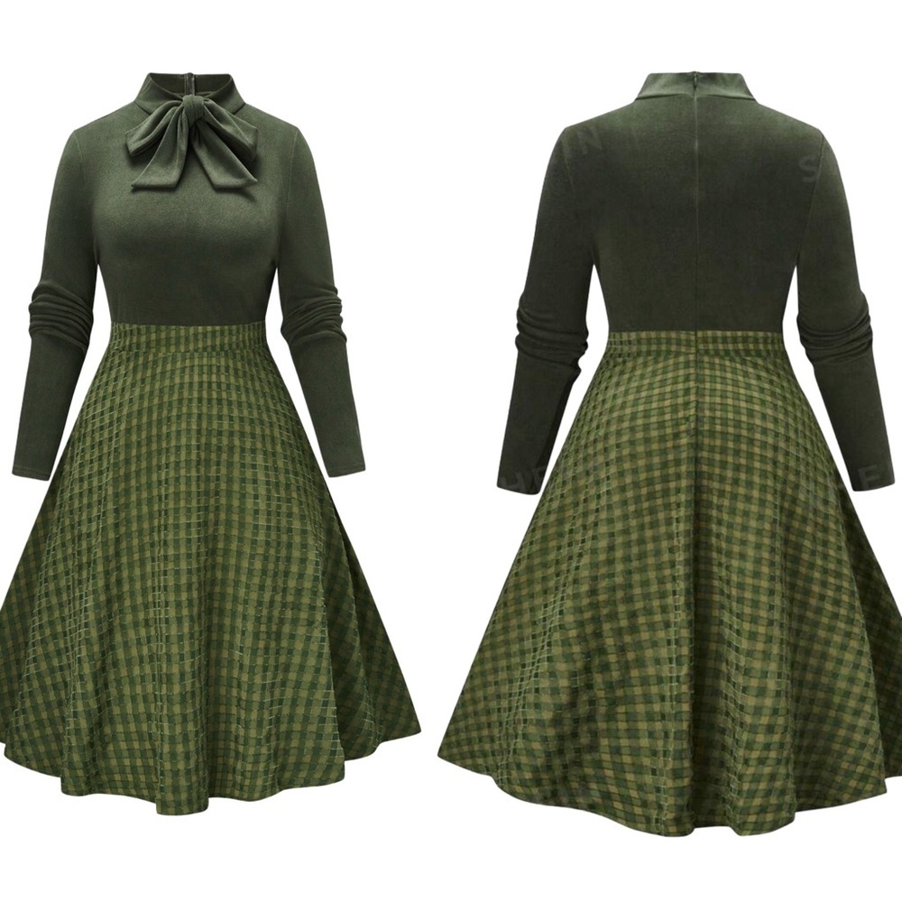 Women's Vintage Plaid Print Tie Neck Dress